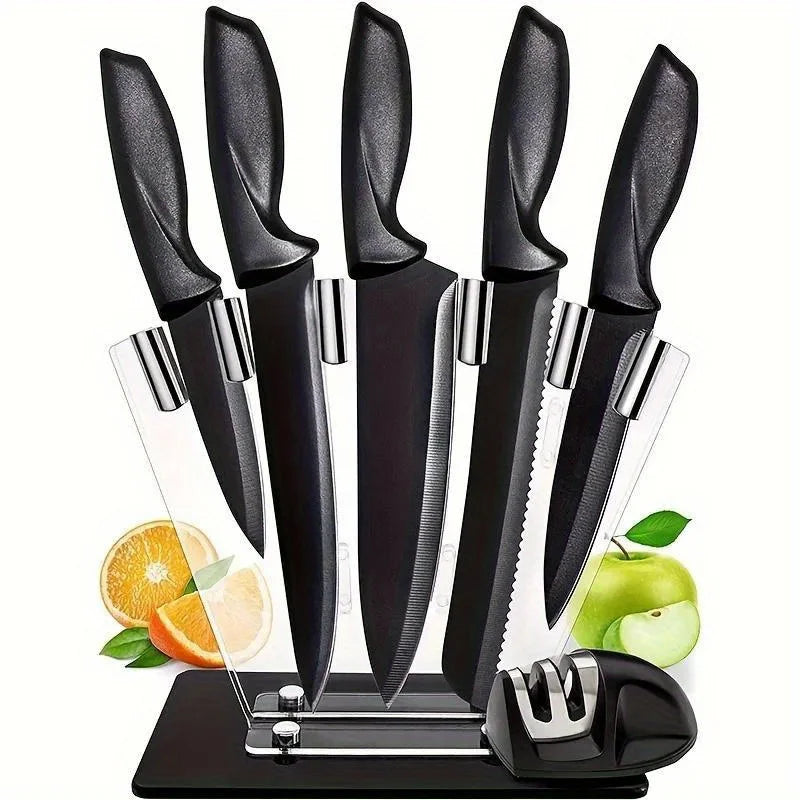 7-Piece Black Professional Chef Knife Set with Acrylic Holder – High Carbon Stainless Steel, Non-Stick Blades