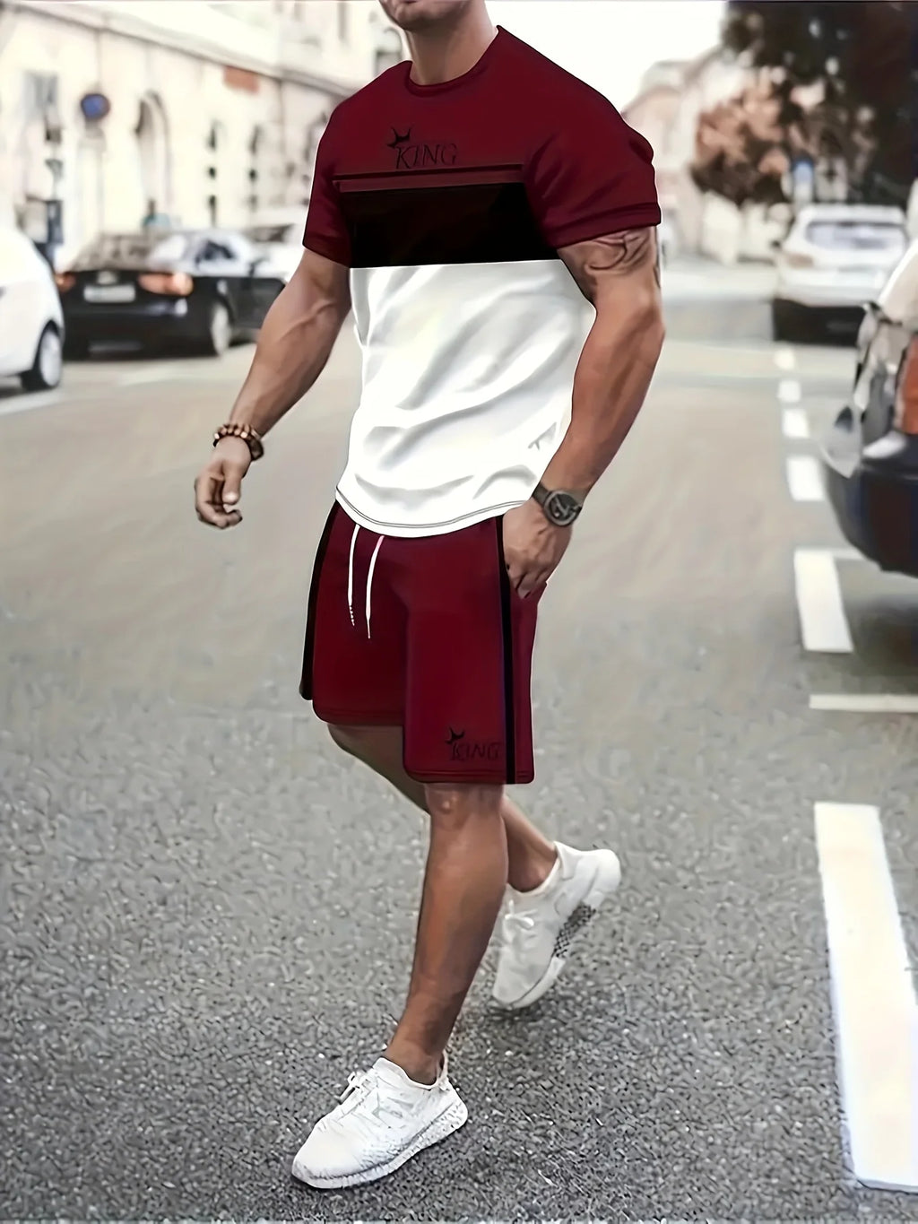 Men's Striped Short Sleeve T-Shirt & Drawstring Shorts Outdoor Travel Set