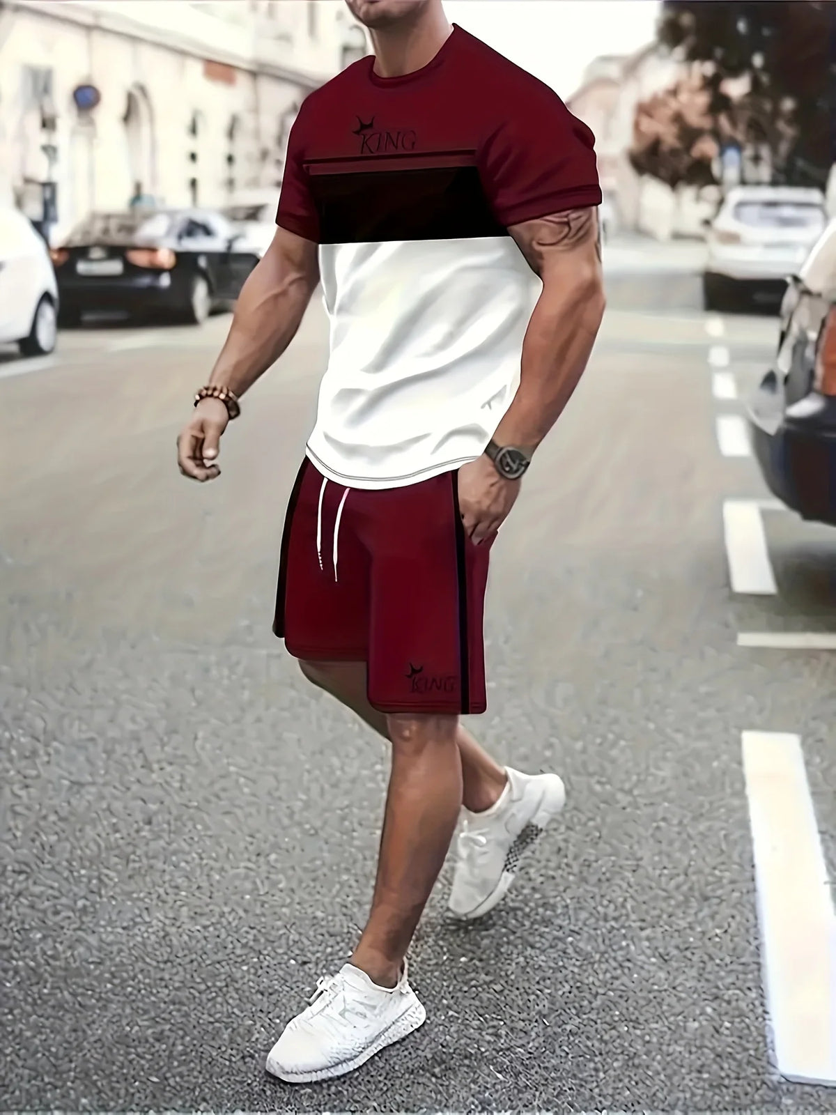 Men's Striped Short Sleeve T-Shirt & Drawstring Shorts Outdoor Travel Set