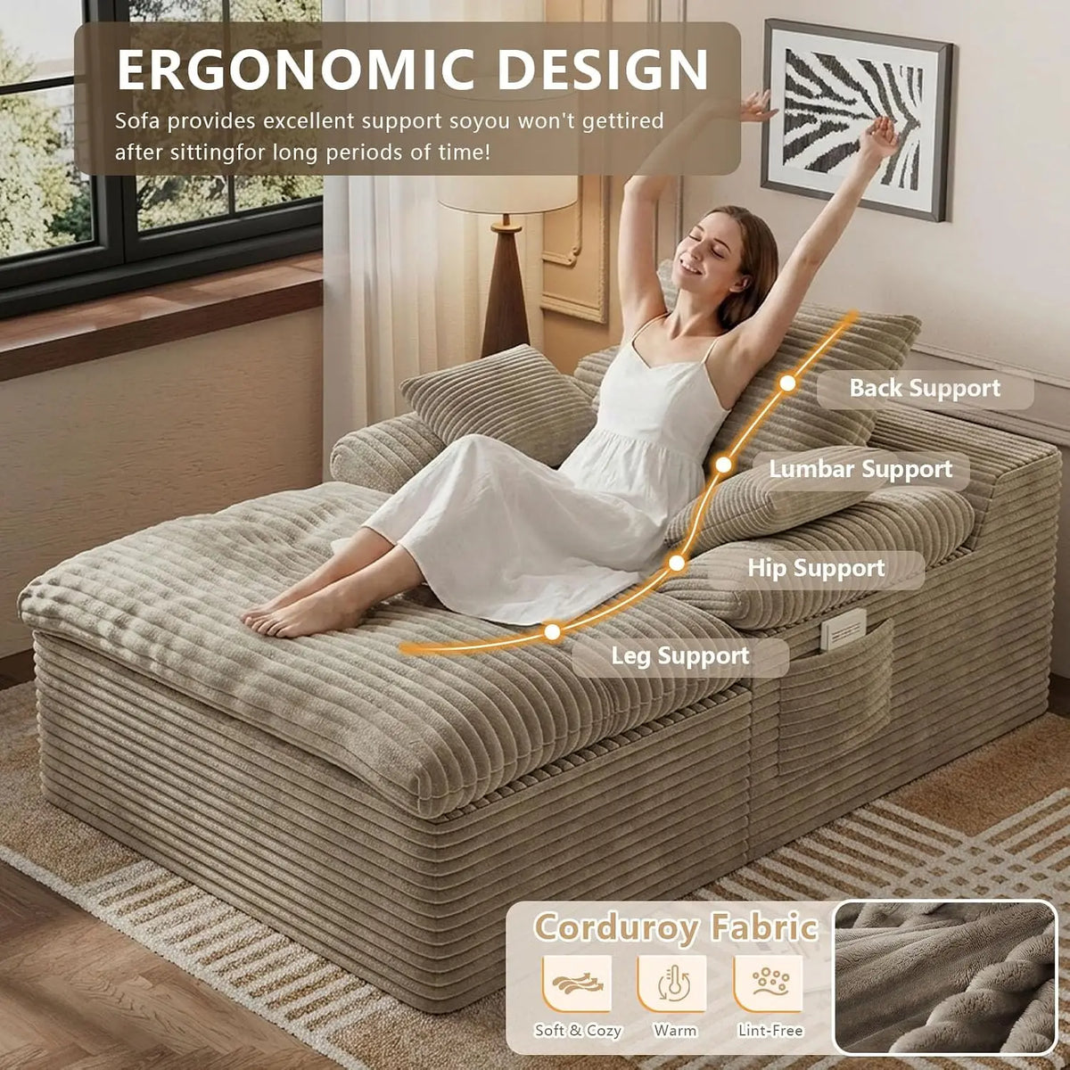 Oversized Corduroy Chaise Lounge with Cup Holders