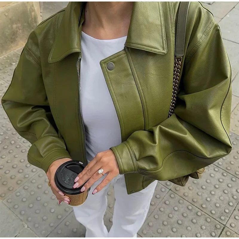 Women's Green Faux Leather Jacket – Loose Fit Lapel
