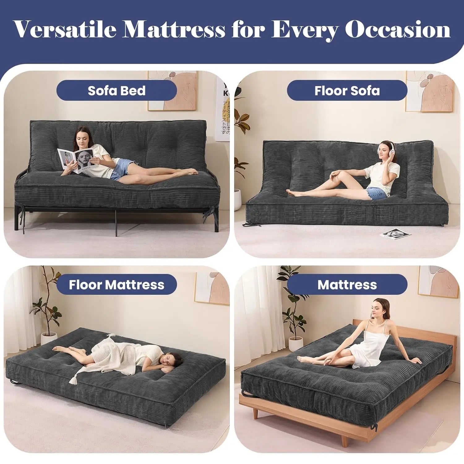 8" Thick Futon Mattress Full Size Shredded Foam Medium Firm Roll Up Folding Floor Sofa Bed Adults Customized