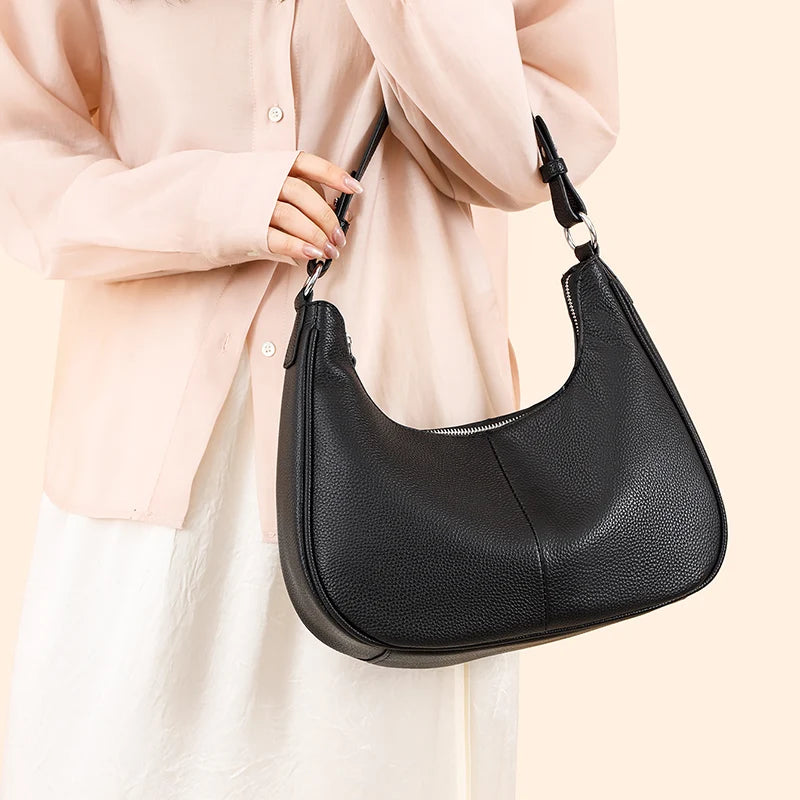 100% Genuine Cowhide Leather Half-Moon Underarm Tote Bag – Crossbody Shoulder Bag for Women