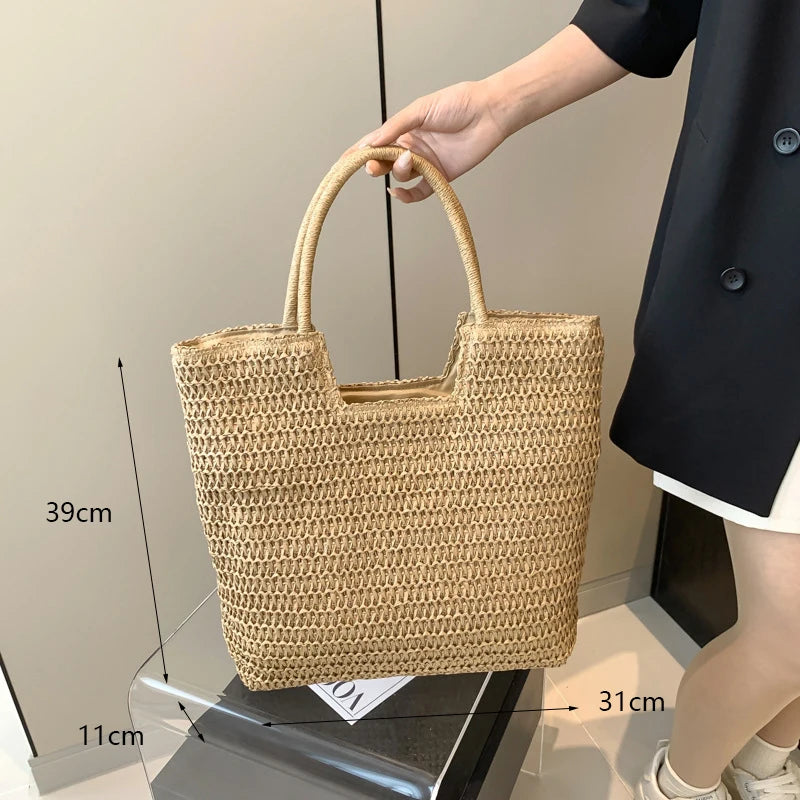 Handmade Straw Rattan Woven Tote Bag – Bohemian Beaded Summer Beach Shoulder Bag for Women