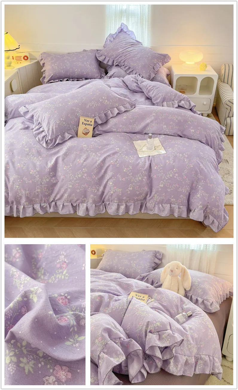 Lace Ruffle Duvet Cover – Printed Floral Comforter Cover for Adults & Kids, Single to King