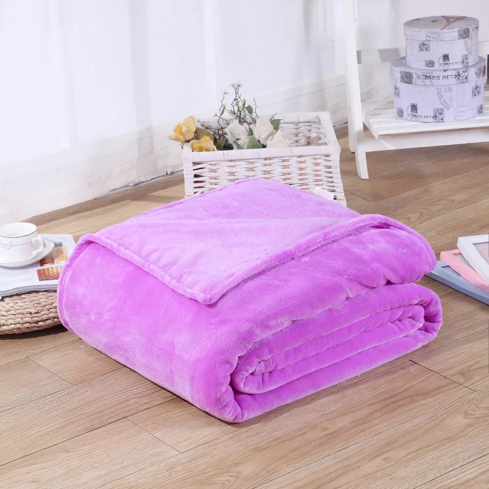 Coral Fleece Flannel Blanket – Solid Blue & Pink Soft Warm Bedspread & Sofa Cover