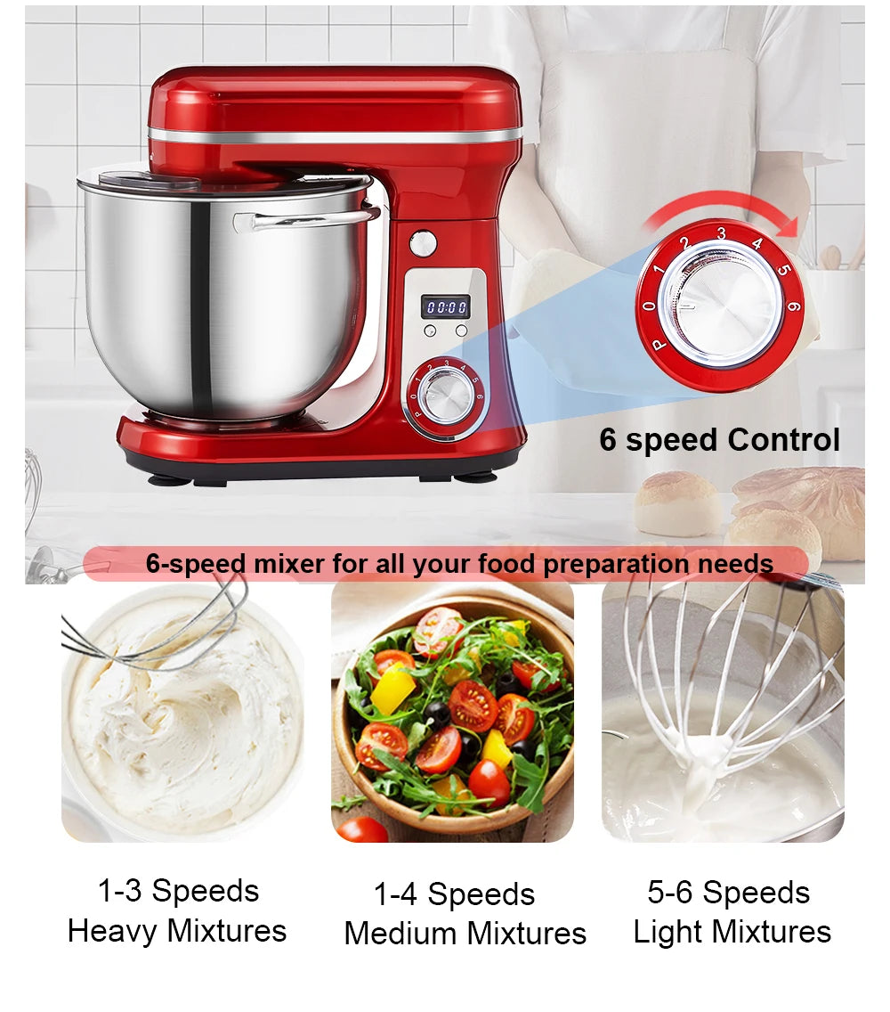 6L 1200W Stand Mixer — Quiet DC Motor, 6-Speed, Dough Kneader & Egg Whisk