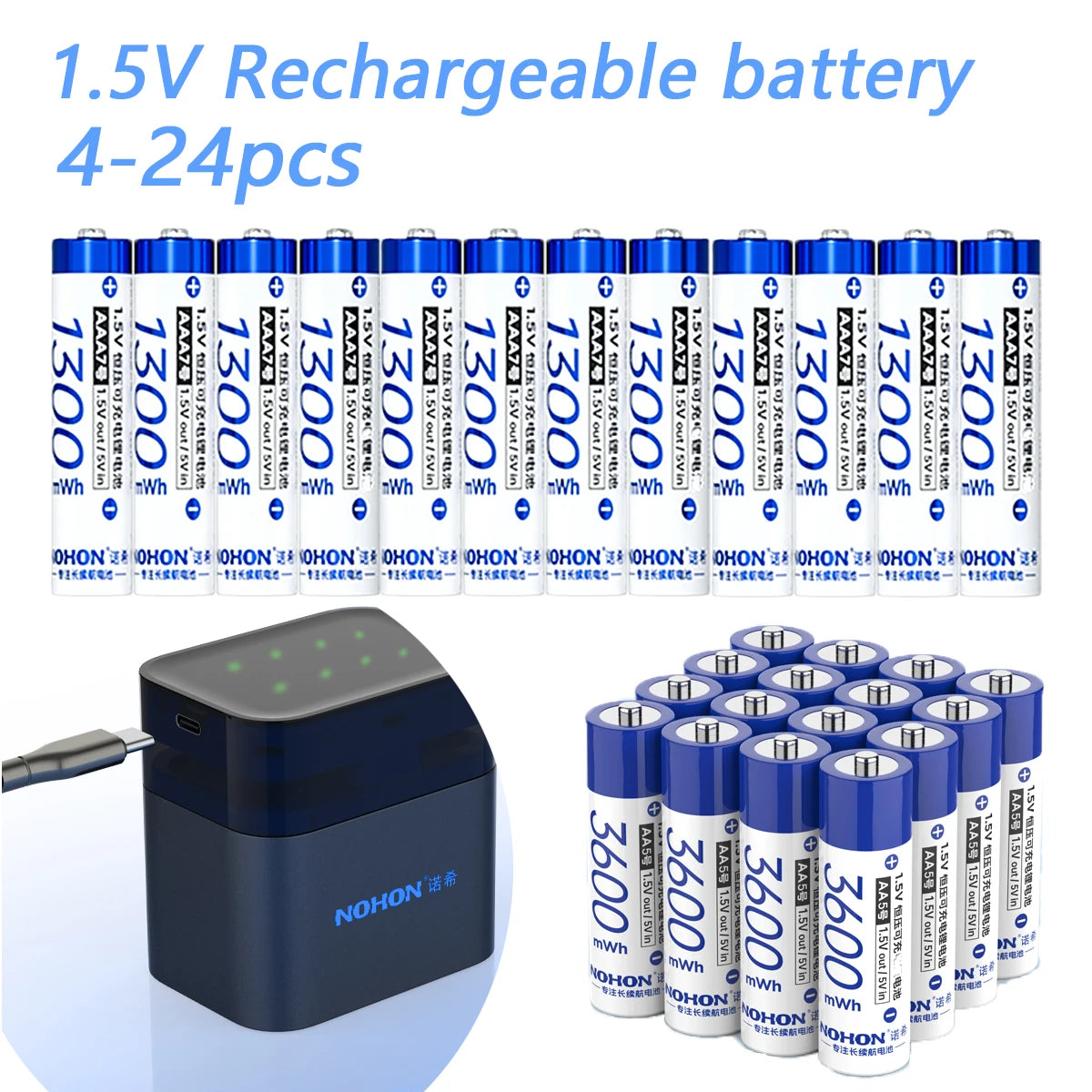 NOHON 1.5V Li-ion Rechargeable AA/AAA Batteries – 3600mWh High Capacity Long Lasting with Battery Charger
