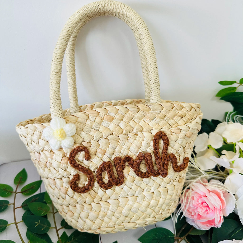 Personalized Handmade Straw Linen Tote Bag – Custom Name Bridesmaid Flower Girl Beach Bridal Party Gift Bag