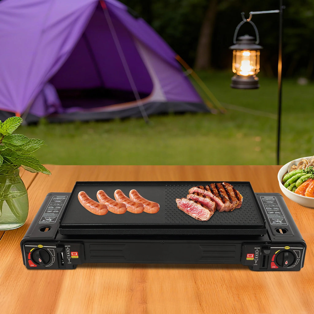 2-Burner Portable Camping Stove — 2500W Each, Butane/LPG, Piezo Ignition, Carry Case Included