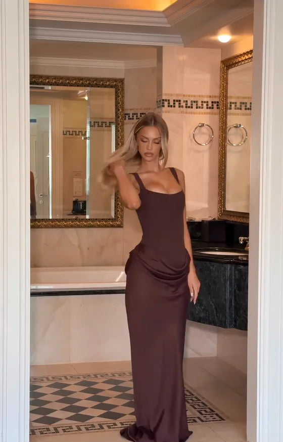 Square Neck Pleated Sling Dress — Off-Shoulder Waist-Cinching Slim Evening Gown