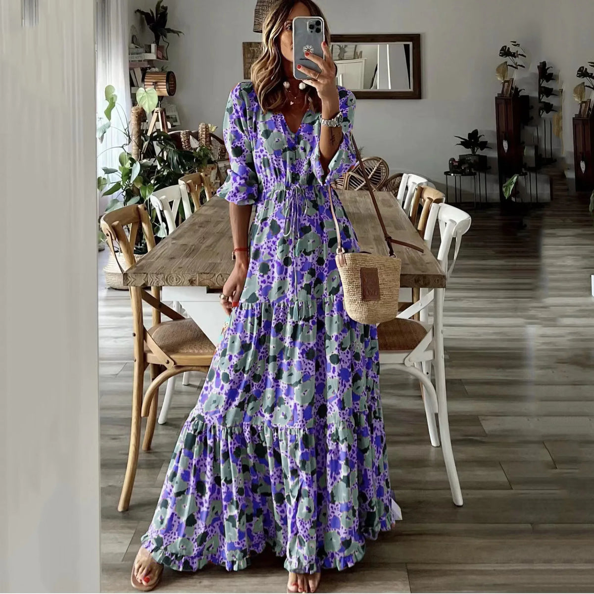 Women's Printed V-Neck Long Sleeve Bohemian Midi Dress – High Waist Elastic Waist Dress
