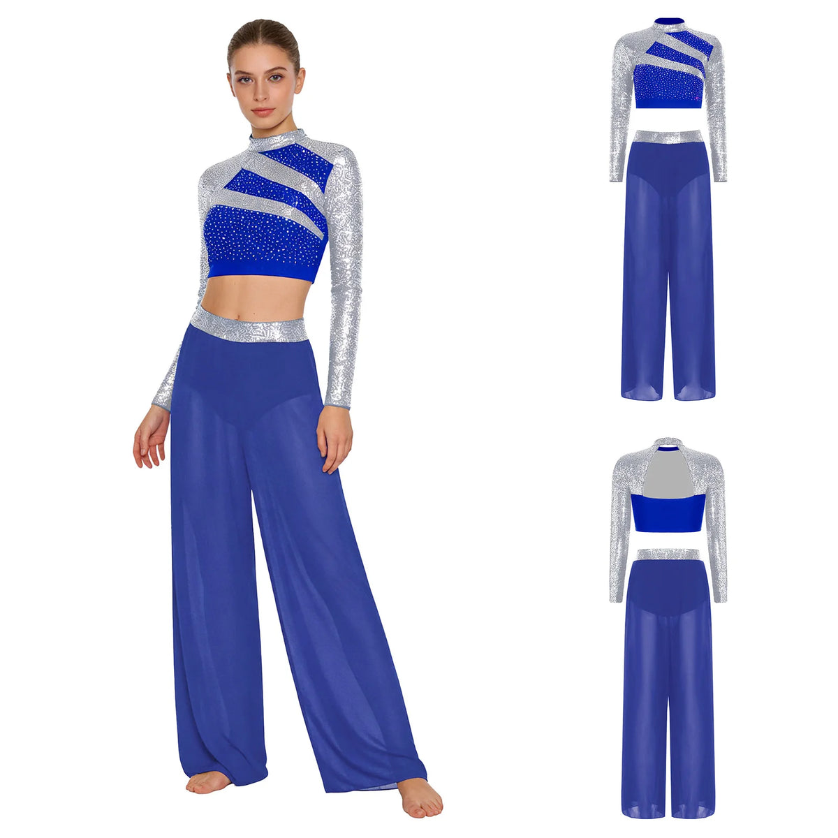 Women's Dance Performance Costume – Shiny Crop Top & Sheer Pants for Skating, Gymnastics & Ballet