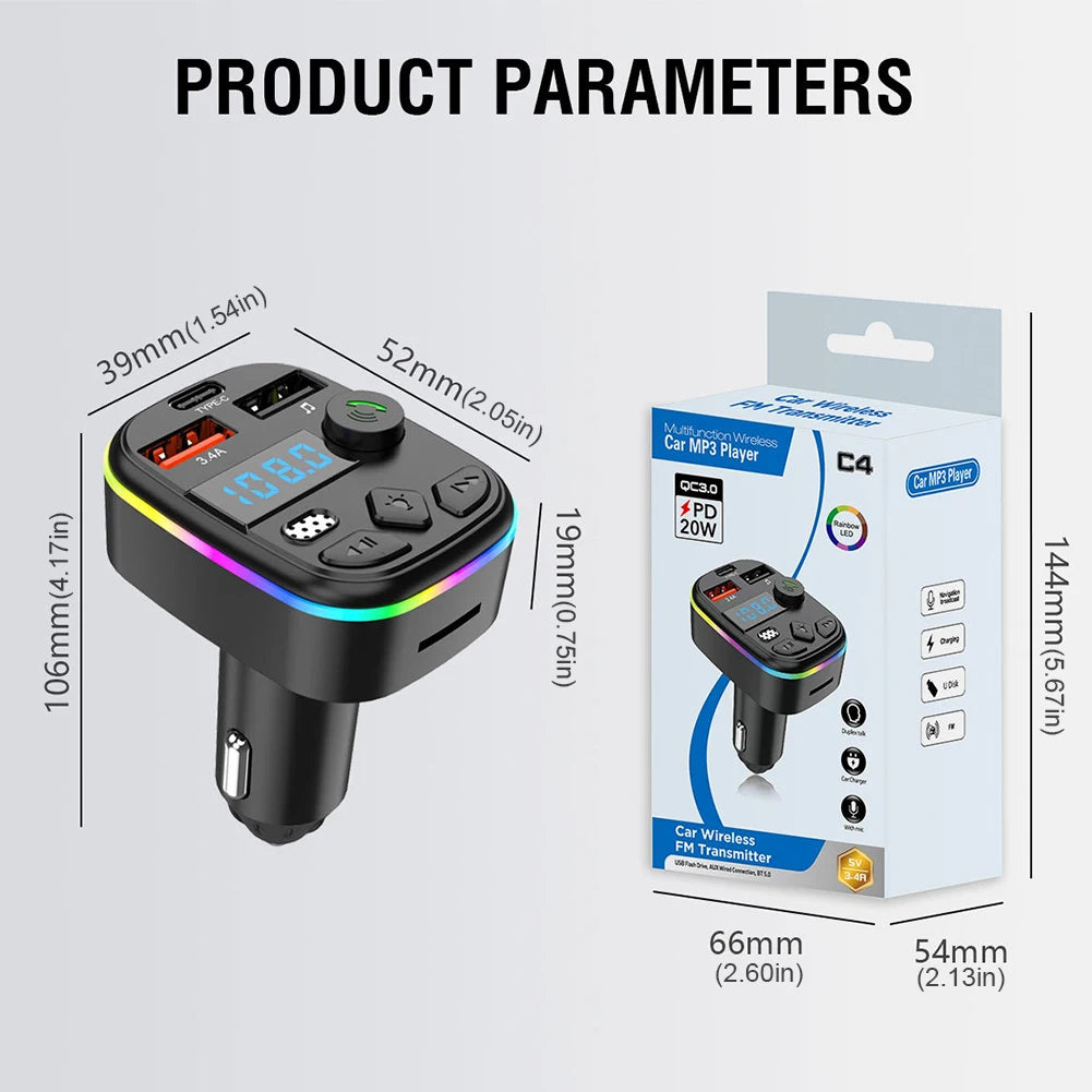 Bluetooth 5.3 FM Transmitter Car Kit — Hands-Free Calling, Dual USB Charging & MP3 Player