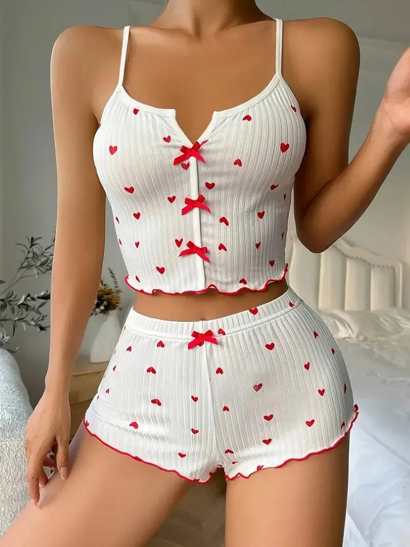 Heart Print Frill Trim Cami & Shorts Pajama Set — Cute Loungewear