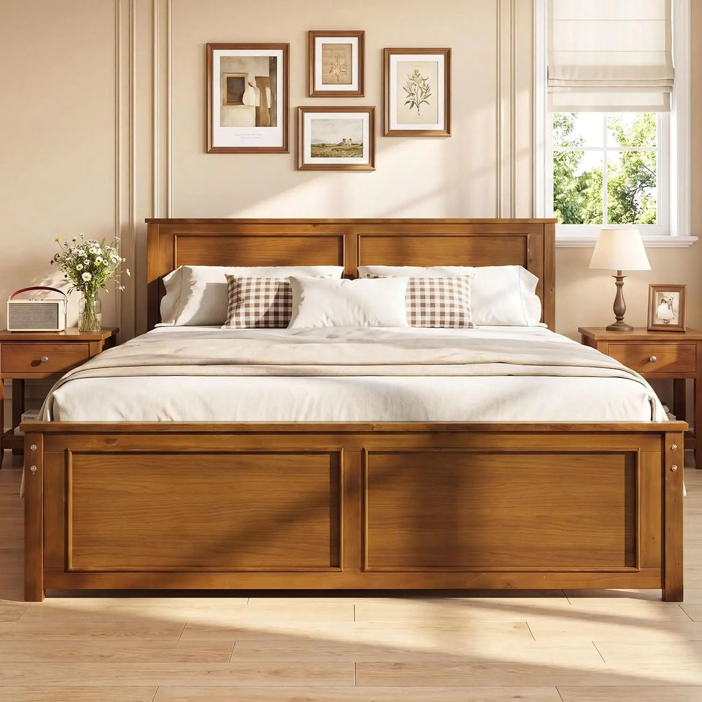 Farmhouse Solid Wood Full Size Bed Frame with Headboard – Platform Bed, Wooden Slat Support, No Box Spring Needed