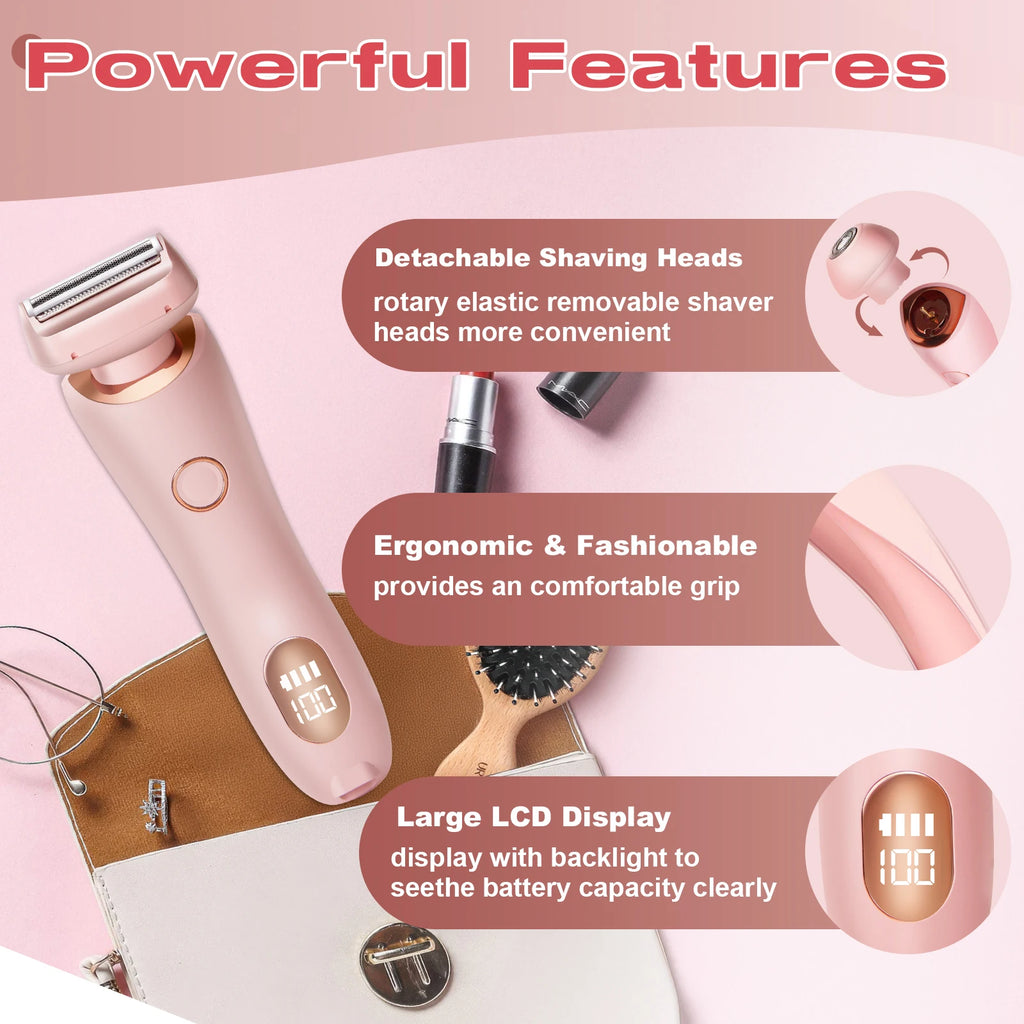 Women's 2-in-1 Electric Shaver & Bikini Trimmer – IPX7 Waterproof, Dual Head, USB Rechargeable