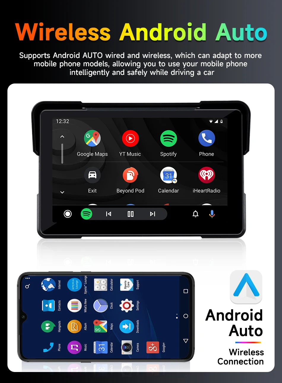 5"/7" Motorcycle CarPlay Screen – Wireless CarPlay & Android Auto, GPS Navigation, Dual Bluetooth, IPX7