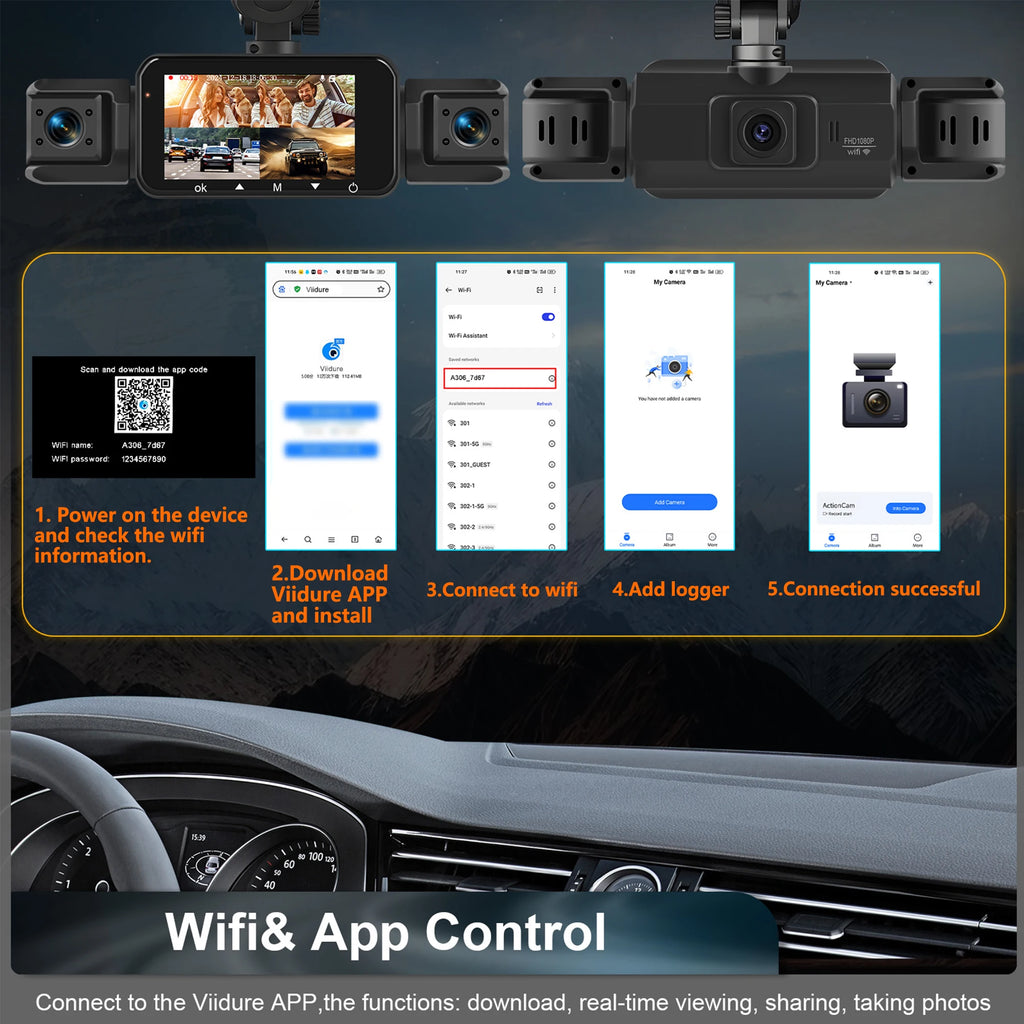 4-Channel WiFi Dashcam – FHD 1080P, Night Vision, Loop Recording, Parking Monitor | Front + Rear + Side