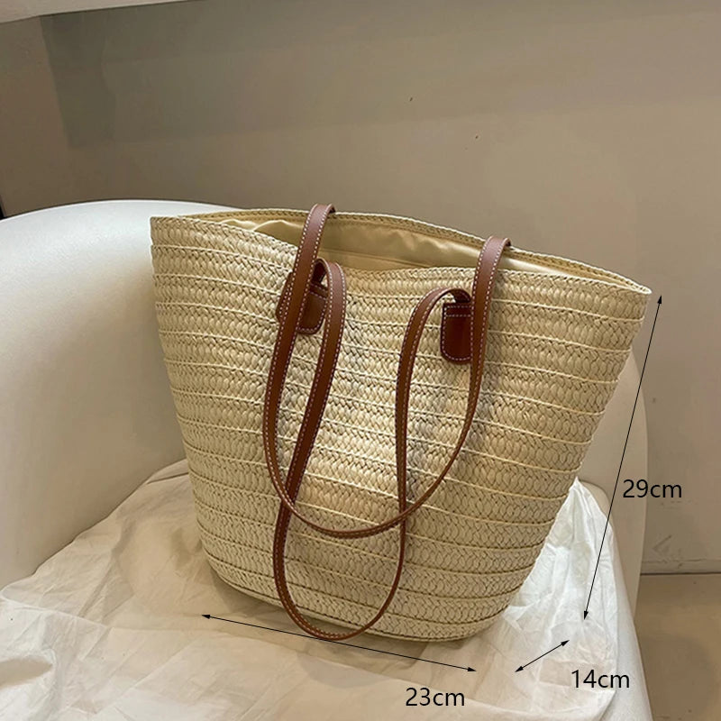 Handmade Straw Rattan Woven Tote Bag – Bohemian Beaded Summer Beach Shoulder Bag for Women
