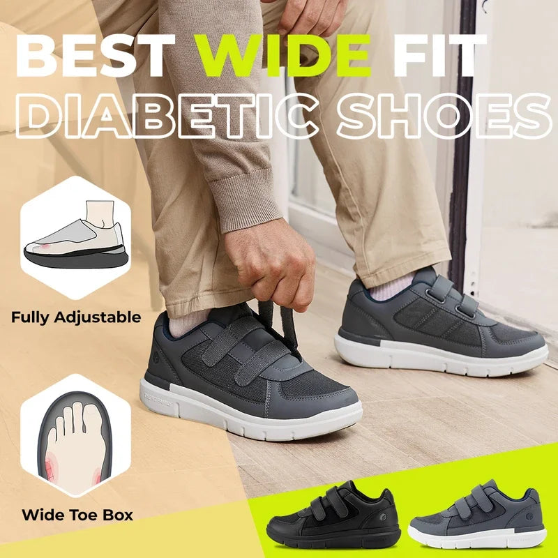 Men's Extra Wide Diabetic Flat Shoes – Orthopedic Wide Fit for Elderly Neuropathy, Swollen Feet & Foot Pain Relief