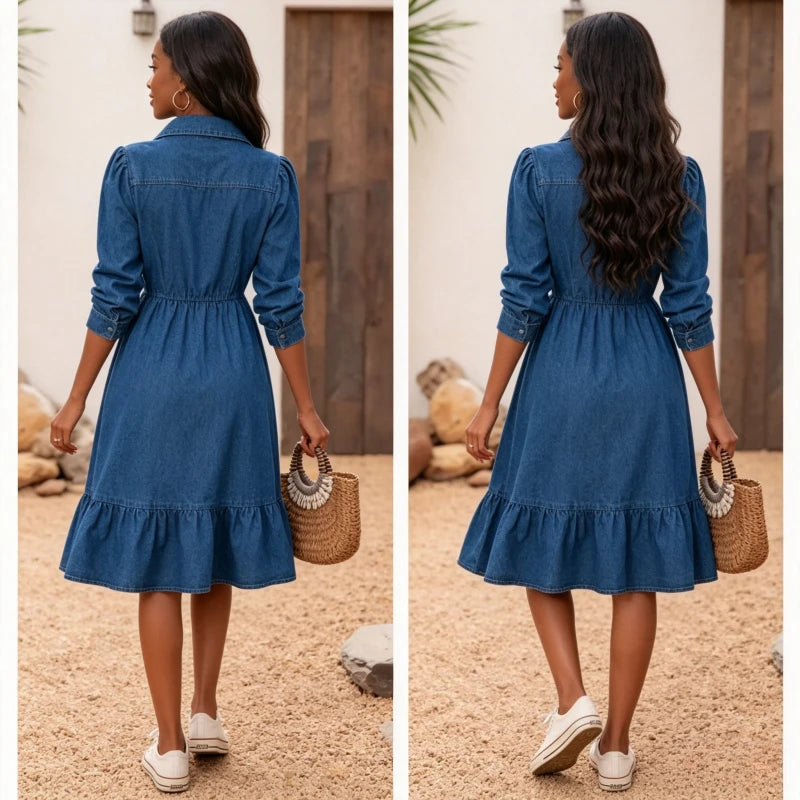 Vintage Denim Single-Breasted A-Line Dress — Washed Distressed Streetwear Ruffles Dress