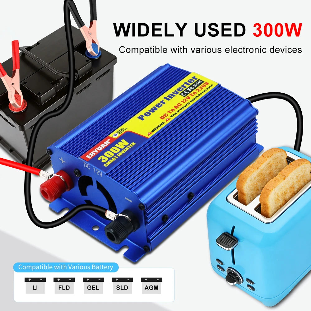 A blue 300W power inverter shown with a black battery, wires, and a light blue toaster on a white background, with text reading 'WIDELY USED 300W' and compatibility notes.