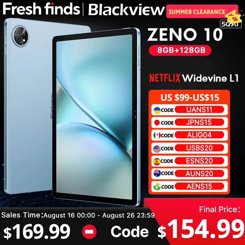 Blackview Zeno 10 5G AI Tablet – 11" FHD+, 8GB RAM, 128GB, 8800mAh, Widevine L1