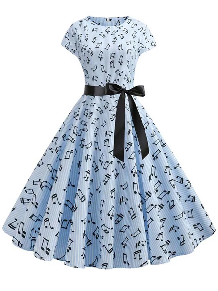 50s 60s Retro Music Note Print Swing Vintage Dress — Casual Party Rockabilly Dress