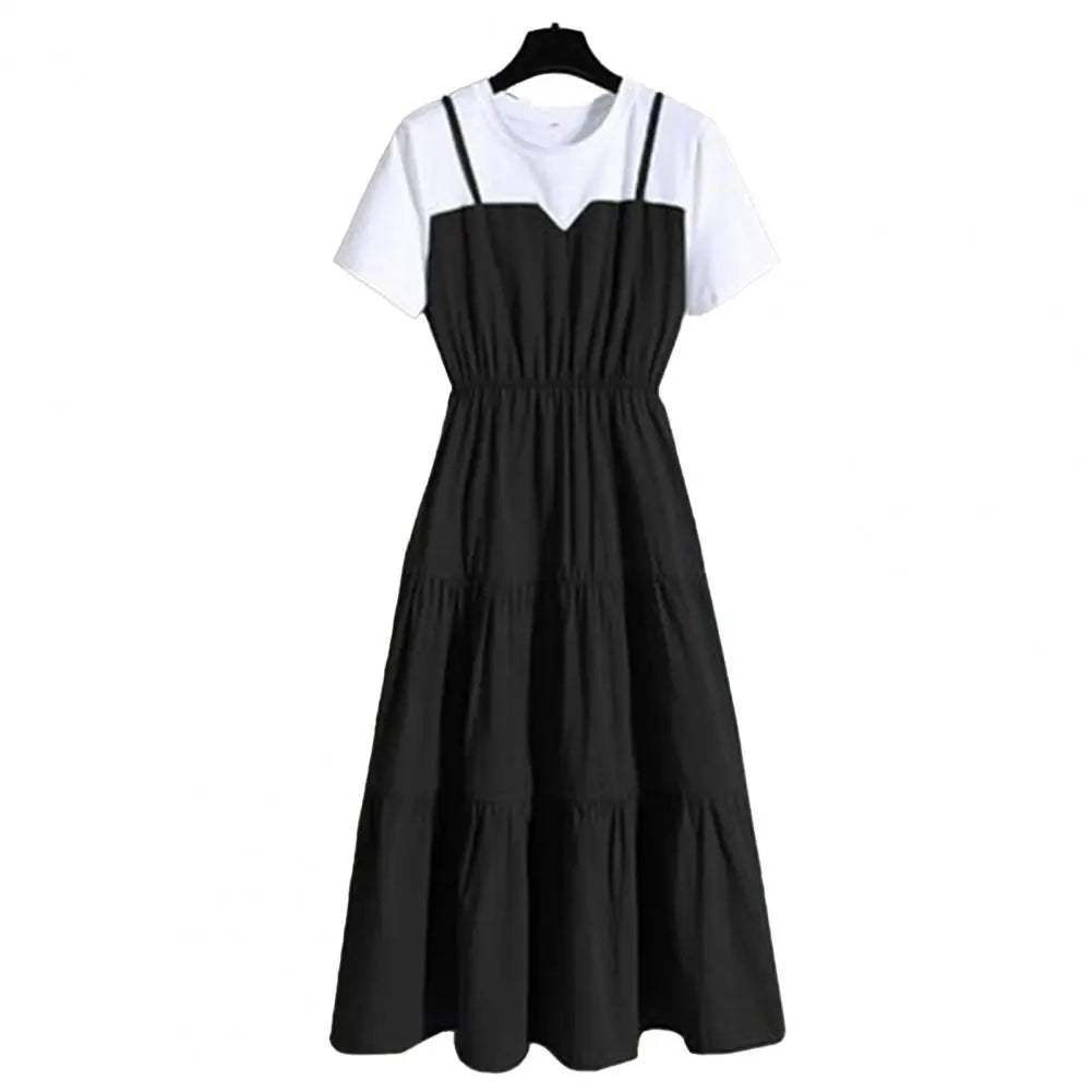 Women's Fake Two-Piece Color Block Summer Dress – Short Sleeve Waist Tight Strap Dress