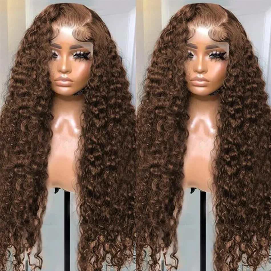 Chocolate Brown Curly 13x4 Lace Front Wig Human Hair Water Wave Brazilian Wig HD Lace 36 Inch for Women 13x6 Frontal Wig
