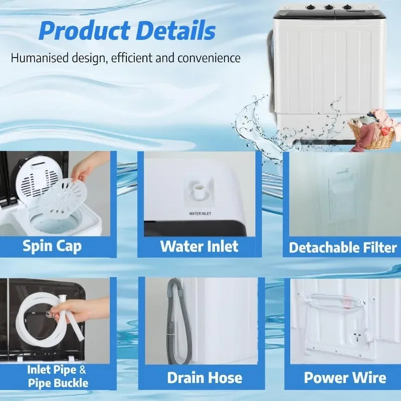 Portable Washing Machine — 2-in-1 Twin Tub Washer & Spinner Combo, 30 lbs Capacity (19 lbs Washer + 11 lbs Spinner), Compact Laundry
