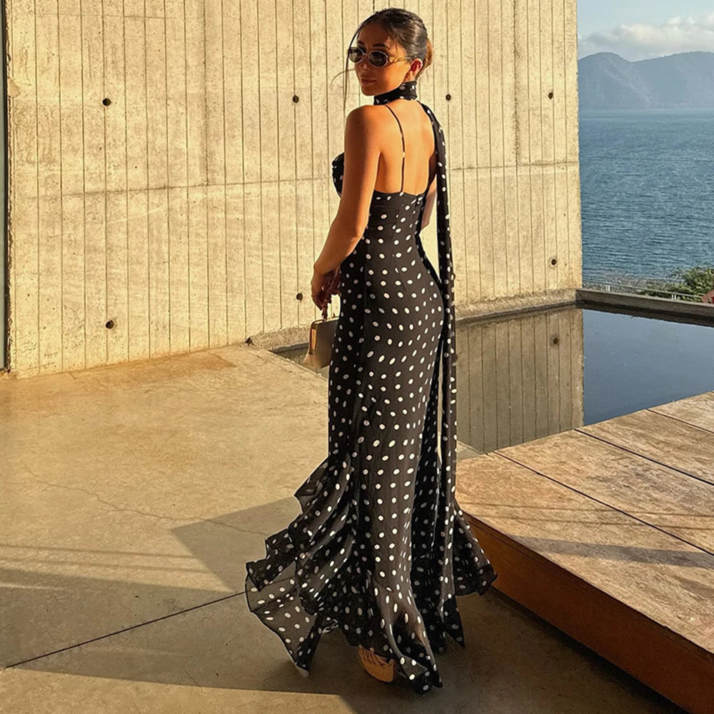 Elegant Polka Dot Halter Pleated Maxi Dress – Ruffle Sleeveless Evening & Party Dress