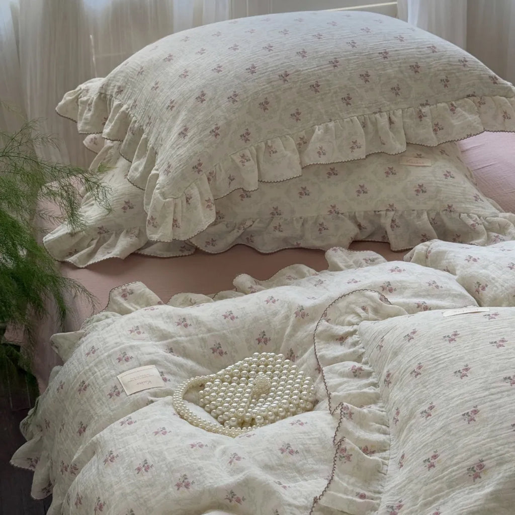 Princess Ruffle Bedding Set – 100% Cotton Gauze Duvet Cover with Pillowcases, Floral, 3-Piece