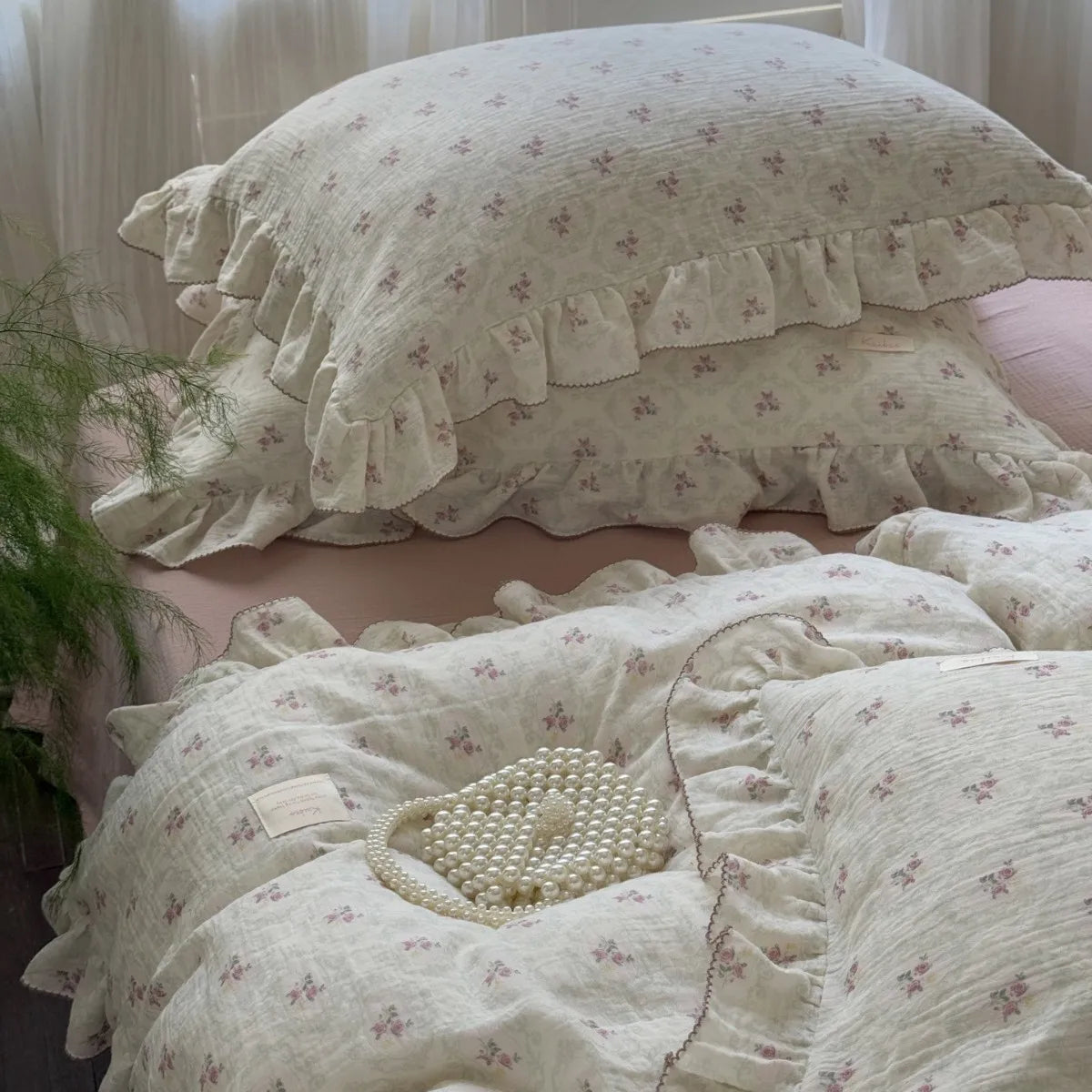 Princess Ruffle Bedding Set – 100% Cotton Gauze Duvet Cover with Pillowcases, Floral, 3-Piece