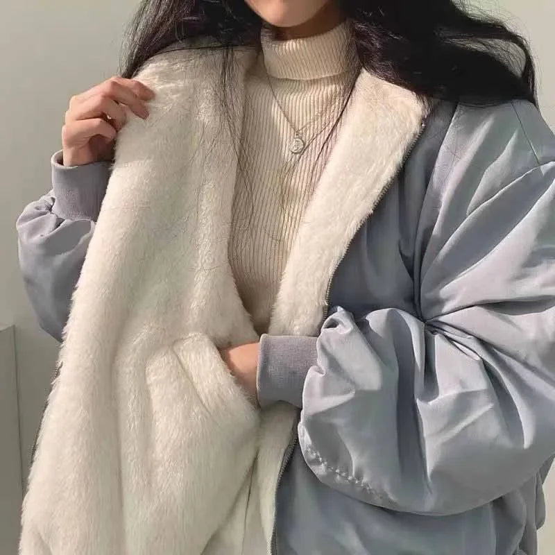 Women's Hooded Fleece Parka – Thick Zip-Up Korean Loose Winter Coat