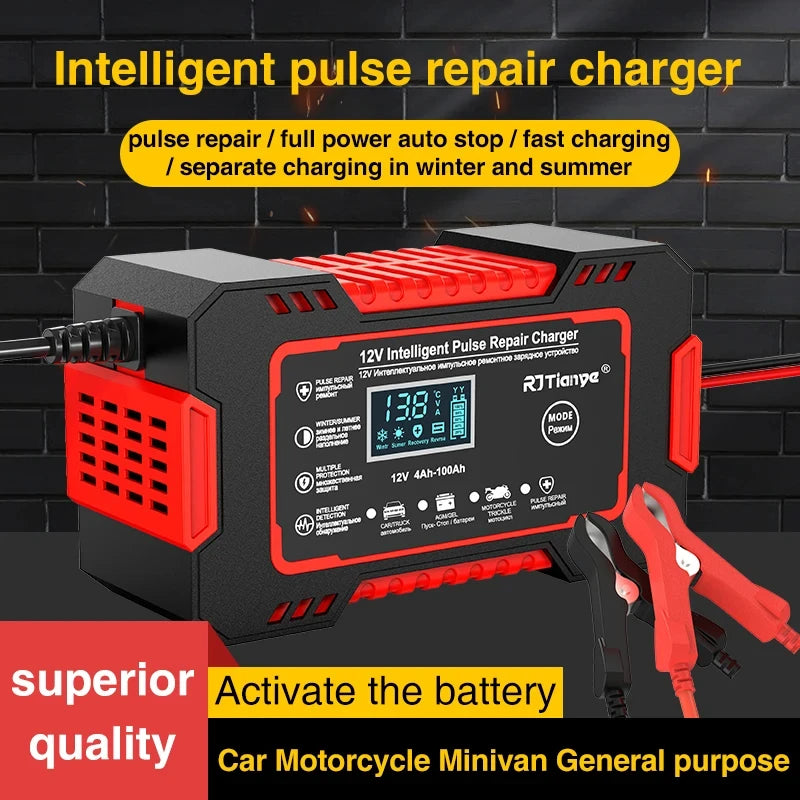 12V 6A Smart Car Battery Charger — LCD Touch Screen Pulse Repair for AGM, GEL & Lead Acid Batteries