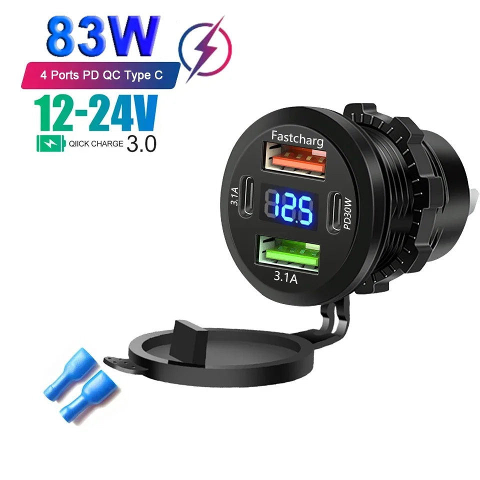 Car USB Charger with Voltmeter – PD3.0 & QC3.0 Fast Charging Socket for Motorcycle, Boat & Auto (12/24V)
