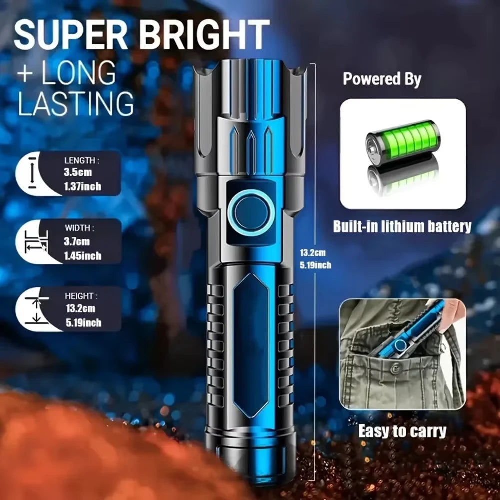 Zoomable LED Flashlight – USB-C Rechargeable, 3 Modes, Waterproof, 8–12hr Runtime for Camping & Hunting