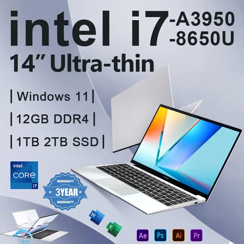 14.1" Intel i7 & Atom Dual-Processor Laptop – 12GB RAM, Up to 2TB SSD, Windows 11 Pro