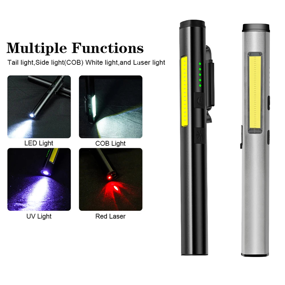 4-in-1 Rechargeable Pen Flashlight – UV, LED, COB & Red Laser with Magnetic Base for Work & EDC