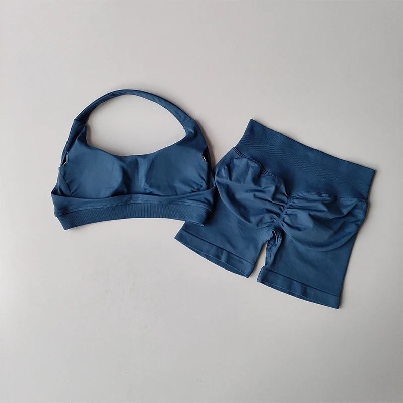 Halter Neck Sports Bra & High-Waist Shorts Yoga Set — Women’s Activewear
