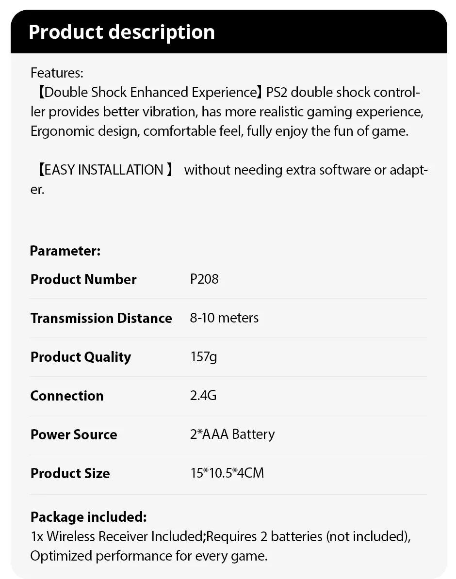 2.4G Wireless PS2 Gamepad – Dual Vibration Joystick Controller for PC & USB