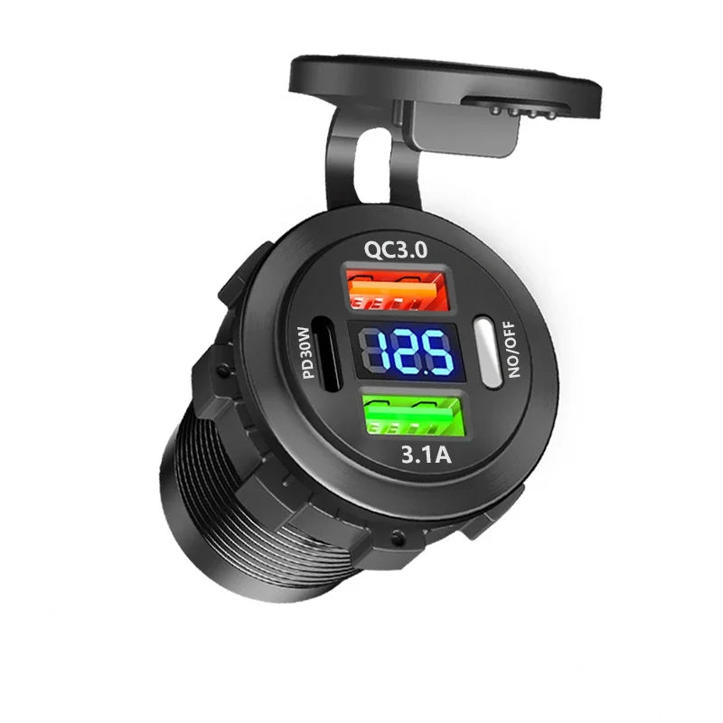 Car USB Charger with Voltmeter – PD3.0 & QC3.0 Fast Charging Socket for Motorcycle, Boat & Auto (12/24V)