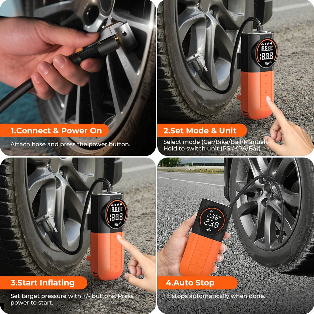Portable Tire Inflator with Built-In Hose and Storage