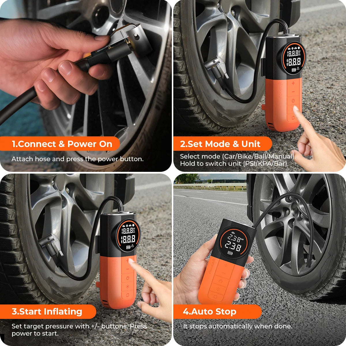 Portable Tire Inflator with Built-In Hose and Storage