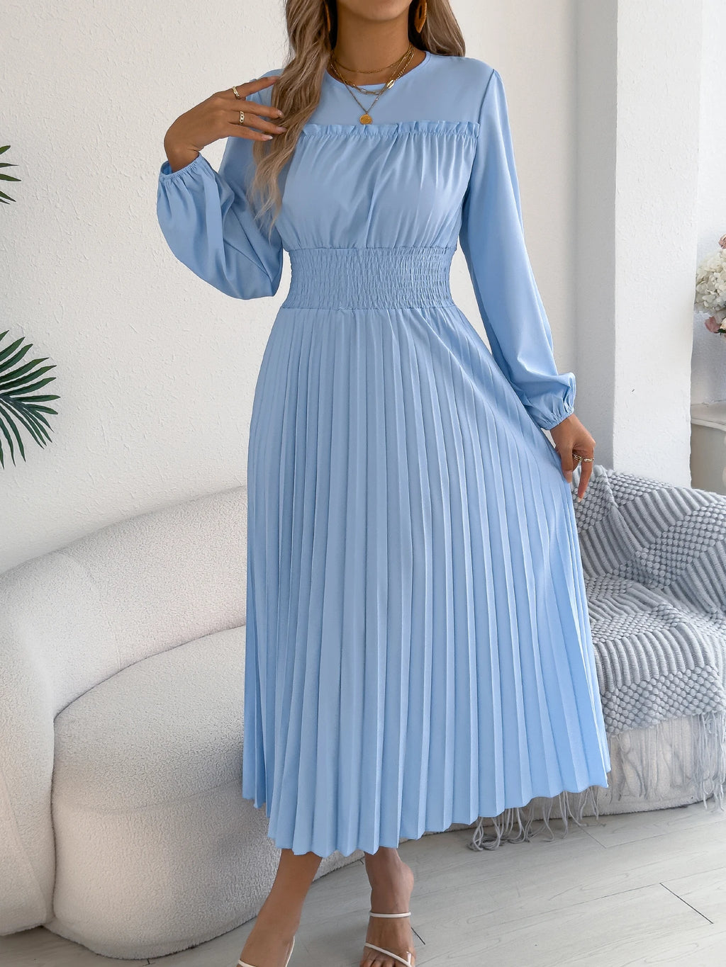 Elegant Dresses Women 2026 Autumn Winter Casual Solid Color High Waist Long Sleeve Maxi Dress Khaki Green Blue Woman Clothing