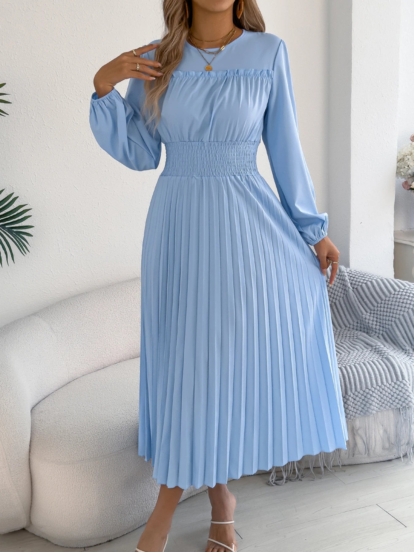 Elegant Dresses Women 2026 Autumn Winter Casual Solid Color High Waist Long Sleeve Maxi Dress Khaki Green Blue Woman Clothing