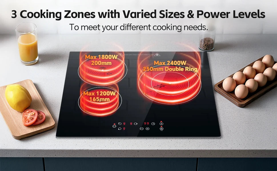 2-Zone Ceramic Hob – 3000W, Child Lock, 9 Heat Levels, 1-99 Min Timer, 60cm Black Glass (CE Certified)