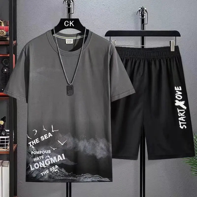 Men's Print Short Sleeve T-Shirt & Elastic Waist Shorts Casual Summer Set
